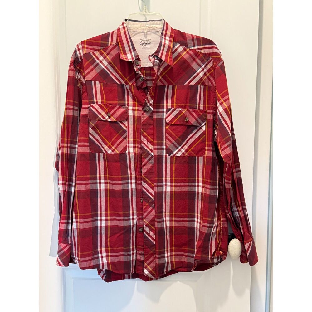 Cabelas Mens Red Plaid Button Up Long Sleeve Shirt, Large